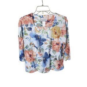 Alfred Dunner Womens Petite Sequined Lace Inserts Watercolor Floral Blouse